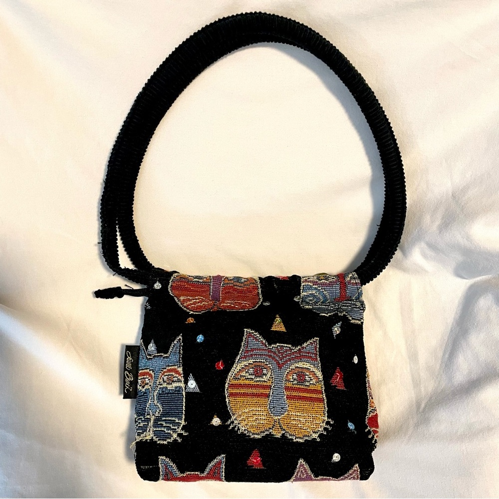 Laurel Burch Cat Small Tote Style Purse - Black Tapestry w/Sequins - 10.5”x7.5”